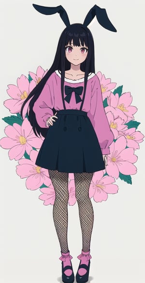 young woman, abstract black and white background, dark green and hot pink clothing theme, long black hair, bunnygirl costume,nemu, flowers around, long fishnet socks,Giselle Gewelle
