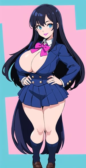 pretty woman girl, long hair, black blue hair, white theme, smile, big boobs, (trigger-art-style: 1.0), pink lips, big hips, tight fishnet socks, schoolgirl uniform, abstract blue background