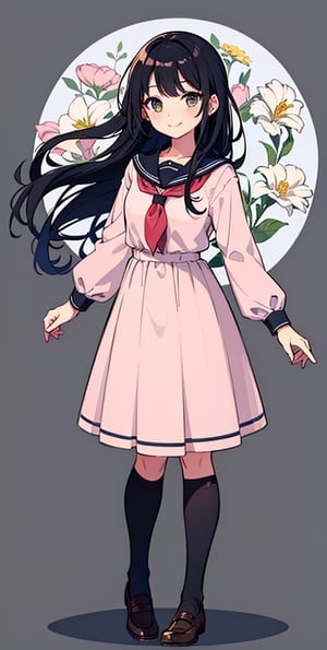 




woman, abstract black and white background, sky blue and light pink clothing theme, long black hair, schoolgirl costume,nemu, flowers around, long fishnet socks,Giselle Gewelle, happy smile