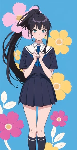 young woman, abstract blue background, clothing theme, long black hair, schoolgirl costume,nemu, flowers around, long fishnet socks, long ponytail 