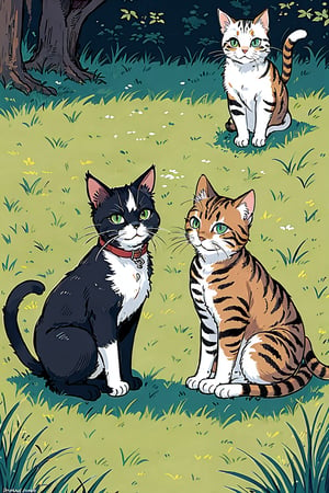 Masterpiece, best quality, two cats playing, line art, grass background,
