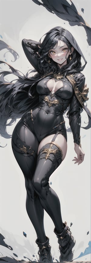 (masterpiece, best quality), intricate details, thin, (slim), beautiful girl, Long black hair, head tilted at 15 degrees, smiling, white skin, golden eyes, sharp jawline, hoodie, messy hair, plump lips,closed mouth,drow,RedHoodWaifu