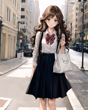 A girl with long brown hair, curly hair, looking into the camera, holding a bag, stockings, leather shoes.,collegiate skirt, one-pointed short shirt