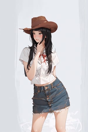 A girl with black braided hair, slanted bangs, cowboy hat, crop top, denim skirt, playful, winking eyes, 8K, good image quality, good composition, the work of a famous artist