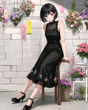 A girl with short black hair, half-up, floral sleeveless black dress, black high-heeled shoes, leaning on the back of a chair, playful and cute, indoors, the wall behind is full of flowers