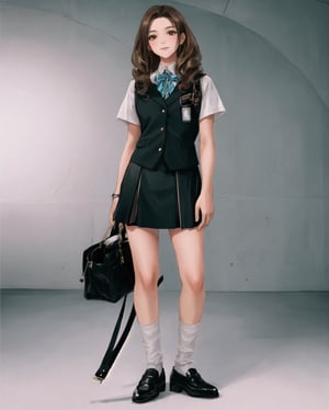 A girl with long brown hair, curly hair, looking into the camera, holding a bag, stockings, leather shoes.,collegiate skirt, one-pointed short shirt