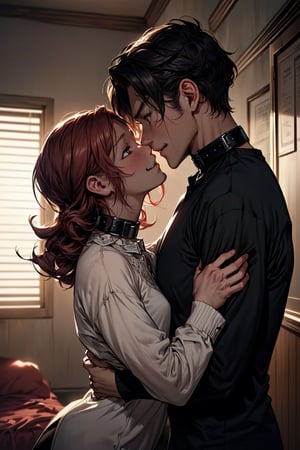 ((1girl with seductive smile, red long curly hair, attractive face, full lips, hazel eyes in a loose t-shirt)).((1man with mature face, toned body, tall in a ornate collar long sleeves shirt)). (((mutual hugs from side))).kiss, Room, warm light. cinematic light, film still. From side view.
