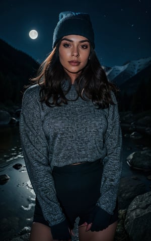 photorealistic, best quality, hyper detailed, beautiful woman, selfie photo, upper body, solo, wearing pullover, outdoors, (night), mountains, real life nature, stars, moon, (cheerful, happy), sleeping bag, gloves, sweater, beanie, flashlight, forest, rocks, river, wood, smoke, fog, clear sky, analog style, looking at viewer, skin texture, film grain, close up, ultra high res, best shadow, RAW, instagram LUT,drow,FFIXBG,day