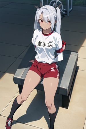 Masterpiece, best Quality, ioridef, 1girl, solo, serious, patio, ((gym uniform)), red shorts, kneehighs, white socks, black skin, short shorts, white t-shirt, thick thighs