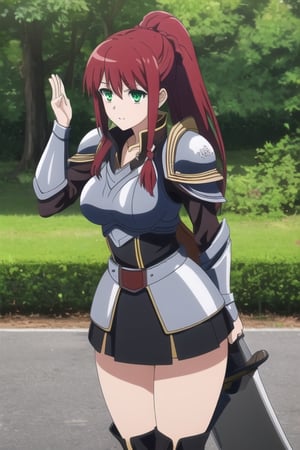 ((masterpiece, best quality)), 1girl, solo, red hair, (armor),long pony tail, pose, miniskirt, thighboots, outdoors, woods, green eyes, breasts, thighs, Big sword, sexy