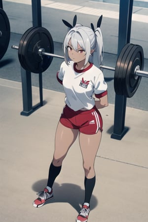 Masterpiece, best Quality, ioridef, 1girl, solo, serious, patio, ((gym uniform)), red shorts, kneehighs, white socks, black skin, short shorts, white t-shirt, thick thighs