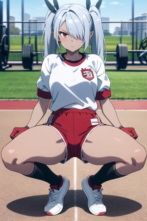 Masterpiece, best Quality, ioridef, 1girl, solo, serious, patio, ((gym uniform)), red shorts, kneehighs, white socks, black skin, short shorts, white t-shirt, thick thighs