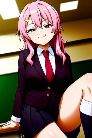 ((masterpiece, best Quality)), 1girl,  solo,  pink hair,  hairclip, black suit, tie, long sleeves, black skirt, smug, kneehighs, thick legs, classroom, Benisumomo, pleated skirt, one knee, mature body