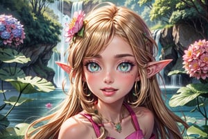 ((elf ear, pointed ear)), (pink lip, long hair, ((two sides up hair)), tie up hair, flowing hair, hair bang, blunt bang, bangs, floral hair, flowers on hair, flowers hair clip. Flower accessories, long length hair, heavy hair, beige hair, Platinum hair color, pastel hair, pink stripes hair, ((green eyes)), (enchanted forest, waterfall, lotus, hydrangea bush, blue sky, Quartz, butterflies, fireflies, Abundant, paradise, magic aura, green magic around), ((pink dress, short dress, sparkling dress, flower pattern outfit, glitter, gem necklace, jewel, long gloves, small pocket flower shape, flower pouch, flowers bracelet)), High detailed, bright sky, flower_hair_ornament, faux, beige fur, bare shoulder, happy,((pink flowers trim dress)), star butterfly,(Flora) Rosy maple moth, ((colorful flowers)), ((Floor length hair)),star butterfly, half body shot, cowboy shot, ((portrait)), ((face focus)), fresh flower on dress ((rainbow)), smile, :), playful, joyful, enjoy face,((Spreading hair)), hair glowing, shining face, laying on the grond, lay down