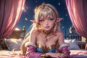 ((elf ear, pointed ear)), (pink lip, long hair, ((two sides up)), flowing hair, hair bang, lotus on hair, (very long hair), heavy hair, platinum blonde hair, stripes hair, ((amber eyes, yellow light pupil)), (royal view, castle, Bedroom, princess bed, curtain, golden furniture, flowers, petal falling, flying_petals, petals_in_wind, blue sky, gold magic power, magic around, magic aura, green magic around), ((white princess, gold_trim, crystal, floral pattern outfit, glitter, fur collar, magical necklace, jewel, pink_fur, pink_fur trim, detected sleeves, flared sleeves)), High detailed, bright sky, flower_hair_ornament, bare shoulder, happy, ((colorful)), half body shot, cowboy shot, portrait, ((face focus)), fresh flower on dress ((sun behind)), smile, ((floating hair)), happy face, Fluttershy, shining face, light on the face, sunshine, ((pink magic, pink dust, pink_mist)), lens flare, straight hair, ((heterochromia, yellow and blue eye)), (lay on the bed, lay down) face focus, smile