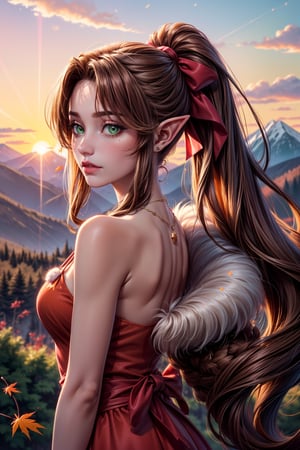 ((orange skin, pink eyes)), ((elf ear, pointed ear)), (nude pink lip, long hair, ponytail hair, flowing hair, hair bang, straight hair, blunt bang, bangs, hairbow, maple leaf bow, maple leaf accessories, long length hair, heavy hair, light brown hair, ((green eyes)), (spring forest, mountain, falling_maple leaf, orange sky, sunset, cloud, growing hair, magic aura, wind magic around), ((pink dress, fur coat, brown fur coat, bare shoulder, ice pattern outfit, glitter, maple necklace, jewel, long gloves)), High detailed, bright sky, ((maple_hair_ornament)), ((fur trim)), star butterfly, ((length hair)), half body shot, ((portrait)), ((Spreading hair)), hair glowing, shining face, (( detailed hair, detailed dress)), ((mountain, sunshine behind head)), ((afternoon sky)) day time,(blossom),aerith gainsborough