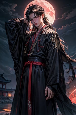 male focus, 1boy, solo, long hair, brown eyes, dark brown hair, Chinese clothes, black robe, red pattern robe, looking at viewer, red moon, moon behind head, aurora, cloud, High detailed, cowboy shot, outfit,2.5d, realistic render,neuvillette, print robe, (chinese style countryard)