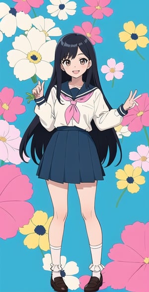 




woman, abstract black and white background, sky blue and light pink clothing theme, long black hair, schoolgirl costume,nemu, flowers around, long fishnet socks,Giselle Gewelle, happy smile