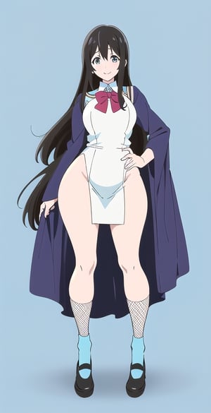 woman, long black hair, smile, (white and light blue-background:1.1), (hibike euphonium-style:1.1), schoolgirl, pretty, big hips, long fishnet socks,koe no katachi