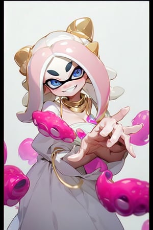 Agent 8 splatoon, white, blue eyes, white and pink hair, tentacle hair, hair in a bun, flower hair peace, white dress, fancy dress with flowers on it, gold necklace, looking at viewer, smiling, outside, at party, Agente 8 (Splatoon),girl,Agent 8 (Splatoon),Marina, fix hands,realhands