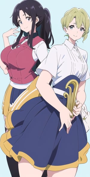 woman, long black hair, smile, (white and light blue-background:1.1), (hibike euphonium-style:1.1), schoolgirl, pretty, big hips,koe no katachi, long ponytail hairstyle