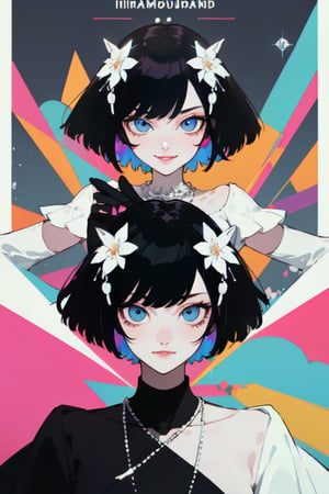 woman, white, blue eyes, (half-white-half-black-hair: 1.1), short bob hair, flower hair, white dress, fancy dress with flowers on it, (diamond-necklace: 1.1), (saturated colors: 1.0), looking at viewer, smiling, abstract party, poster theme