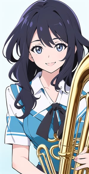 woman, long black hair, (saturated colors: 1.1), smile, (white and light blue-background: 1.1), schoolgirl uniform, pretty girl, clear texture, professional illustration, pro art, black hair, (hibike euphonium style: 1.1)