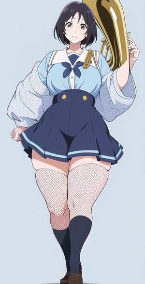 woman, long black hair, smile, (white and light blue-background:1.1), (hibike euphonium-style:1.1), schoolgirl, pretty, big hips, long fishnet socks,koe no katachi