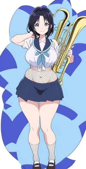 woman, long black hair, smile, (white and light blue-background:1.1), (hibike euphonium-style:1.1), schoolgirl, pretty, big hips, long fishnet socks,koe no katachi