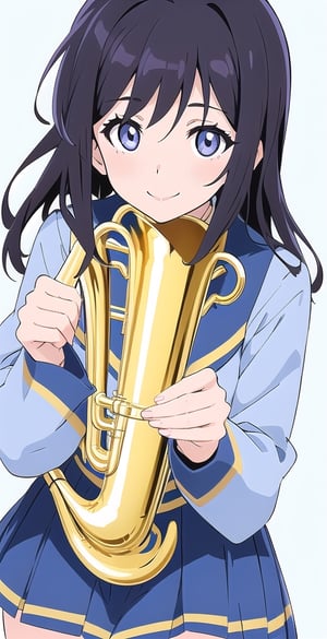 woman, long black hair, smile, (white and light blue-background: 1.1), (hibike euphonium-style: 1.1), schoolgirl, pretty, cute