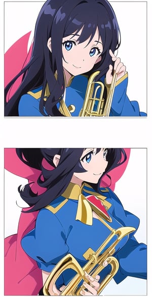 woman, long black hair, (saturated colors: 1.1), smile, (white-blue-background: 1.1), poster theme, (hibike euphonium-style: 1.1)