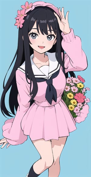 young woman, abstract black and white background, sky blue and light pink clothing theme, long black hair, schoolgirl costume,nemu, flowers around, long fishnet socks,Giselle Gewelle, happy smile