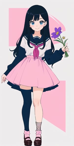 young woman, abstract black and white background, sky blue and light pink clothing theme, long black hair, schoolgirl costume,nemu, flowers around, long fishnet socks,Giselle Gewelle, happy smile