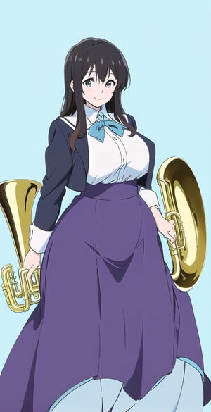 woman, long black hair, smile, (white and light blue-background:1.1), (hibike euphonium-style:1.1), schoolgirl, pretty, big hips,koe no katachi