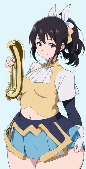 woman, long black hair, smile, (white and light blue-background:1.1), (hibike euphonium-style:1.1), schoolgirl, pretty, big hips,koe no katachi, long ponytail hairstyle