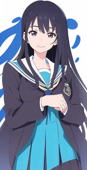 woman, long black hair, (saturated colors: 1.1), smile, (white and light blue-background: 1.1), schoolgirl uniform, pretty girl, clear texture, professional illustration, pro art, black hair