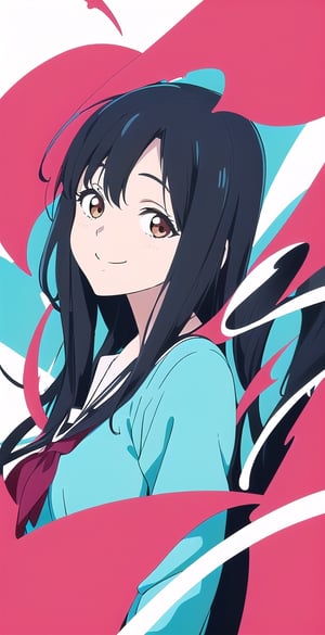 woman, long black hair, (saturated colors: 1.1), smile, (white and light blue-background: 1.1), schoolgirl uniform, pretty girl, clear texture, professional illustration, pro art, black hair,koe no katachi