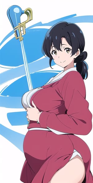 woman, long black hair, smile, (white and light blue-background:1.1), (hibike euphonium-style:1.1), schoolgirl, pretty, big hips,koe no katachi, long ponytail hairstyle