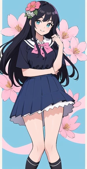 young woman, abstract black and white background, sky blue and light pink clothing theme, long black hair, schoolgirl costume,nemu, flowers around, long fishnet socks,Giselle Gewelle, happy smile