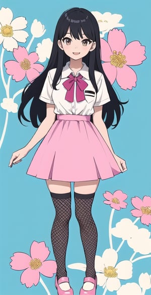 young woman, abstract black and white background, sky blue and light pink clothing theme, long black hair, schoolgirl costume,nemu, flowers around, long fishnet socks,Giselle Gewelle, happy smile