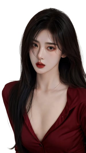 1girl, solo, looking at viewer, dark cinematic background, black hair, white background, cowboy shot, hair bang, red shirt, breast, small breast, clevage, deep clevage, red lips, animification, open shirt, dark theme