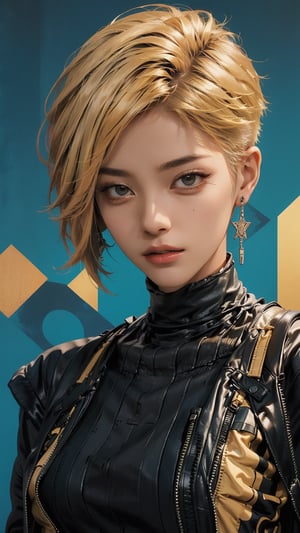 A striking magazine cover features Kizi, a stylish androgynous model with trendy clothing and a bold, yellow-toned pixie haircut. The subject is set against a columnar patchwork background with geometric pattern stitching, creating a visually appealing contrast. Kizi's face is meticulously rendered, showcasing detailed eyes, lips, and facial features. The overall composition is brilliant, drawing the viewer's attention to the confident and charismatic model.