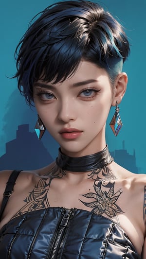 A striking magazine cover features Kizi, a stylish androgynous model with trendy clothing and a bold, blue-toned pixie haircut. The subject is set against a columnar patchwork background with geometric pattern stitching, creating a visually appealing contrast. Kizi's face is meticulously rendered, showcasing detailed eyes, lips, and facial features. The overall composition is brilliant, drawing the viewer's attention to the confident and charismatic model.