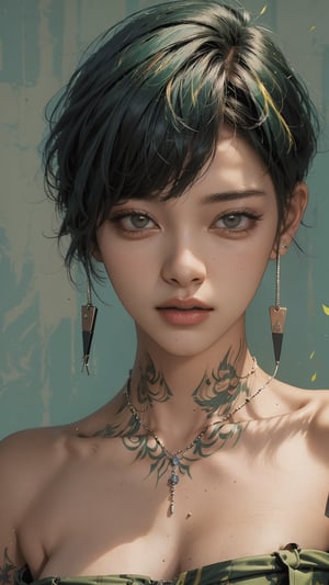 A striking magazine cover features Kizi, a stylish androgynous model with trendy clothing and a bold, green-toned pixie haircut. The subject is set against a columnar patchwork background with geometric pattern stitching, creating a visually appealing contrast. Kizi's face is meticulously rendered, showcasing detailed eyes, lips, and facial features. The overall composition is brilliant, drawing the viewer's attention to the confident and charismatic model.