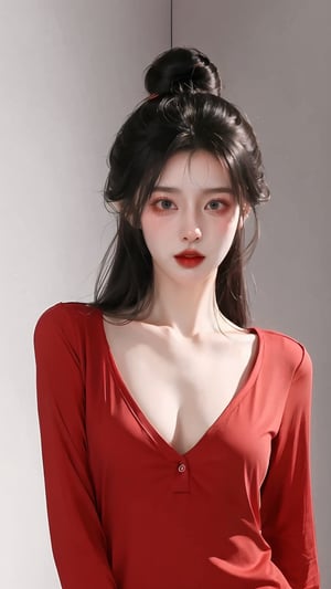 1girl, solo, looking at viewer, photo cinematic background, black hair, cowboy shot, hair bang, red shirt, front open, breast, small breast, clevage, deep clevage, single hair bun, red lips, animification, open shirt, bedroom background