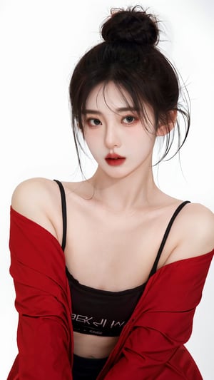 1girl, solo, looking at viewer, dark cinematic background, black hair, white background, cowboy shot, hair bang, red shirt, front open, off shoulder, breast, small breast, clevage, deep clevage, single hair bun, red lips, animification, open shirt, dark theme