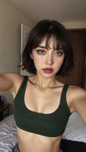 1girl, solo, midriff, portrait photo, closed mouth, long hair, messy bedroom, short hair,  bang hair, green cotton top, blunt bang, makeup, pouty lips, mobile click photo, mobile photo quality, taking selfie photo