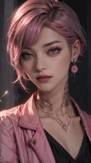 1girl, solo, looking at viewer, short hair, brown eyes, jewelry, closed mouth, collarbone, jacket, pink hair, earrings, necklace, lips, black jacket, eyelashes, tattoo, makeup, portrait, nose, very short hair, mascara, neck tattoo