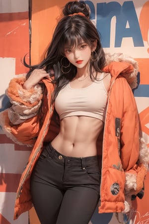  A beautiful teen girl with a skinny figure, she is wearing a black tol and orange long designed fur coat and designed cotton pants, fashion style clothing. Her toned body suggests her great strength. The girl is dancing hip-hop and doing all kinds of cool moves.,Sohwa,medium shot
