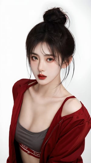 1girl, solo, looking at viewer, dark cinematic background, black hair, white background, cowboy shot, hair bang, red shirt, front open, breast, small breast, clevage, deep clevage, single hair bun, red lips, animification, open shirt, dark theme